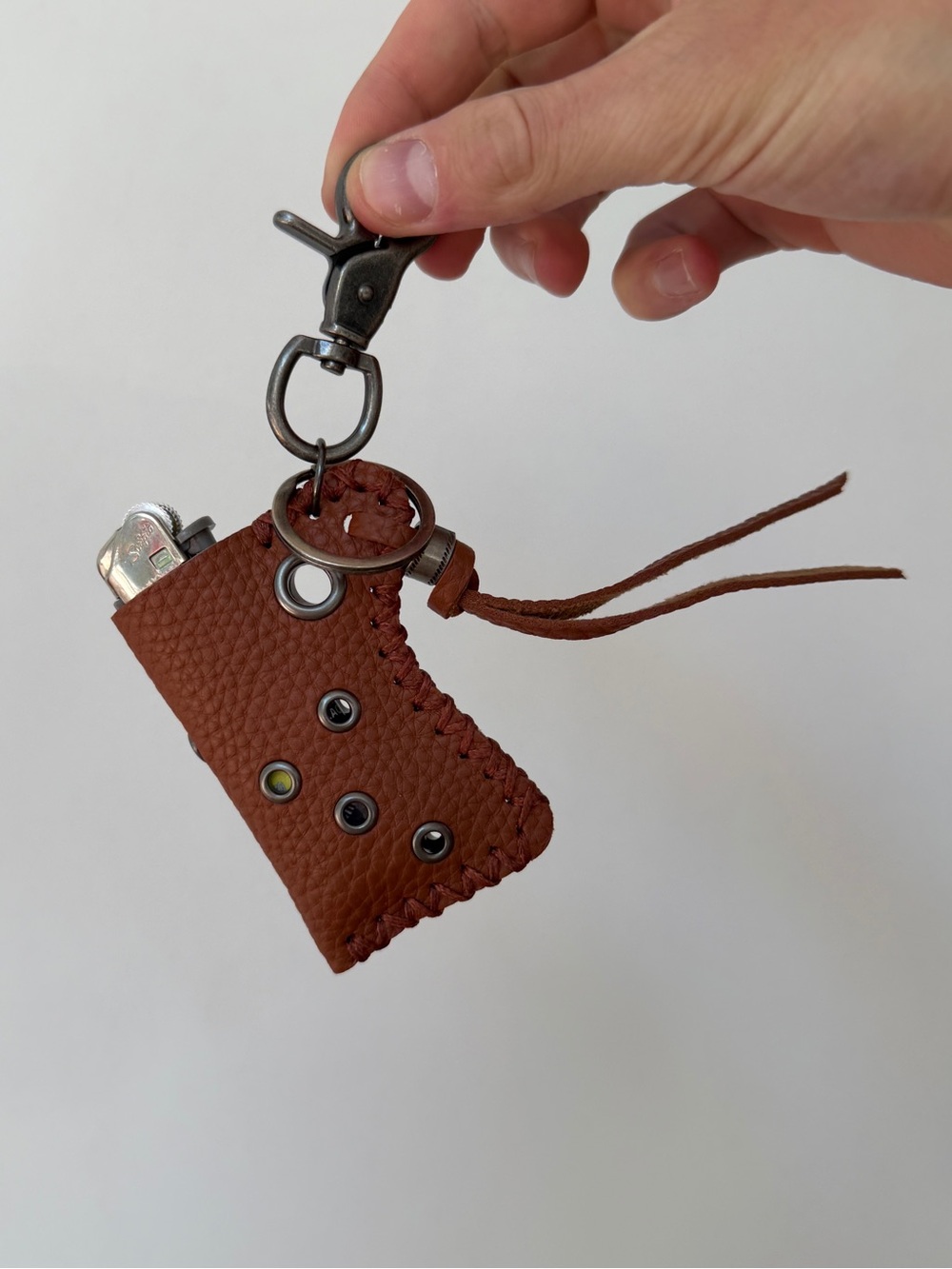 Brown Leather Lighter Keychain Holder with Metal Clasp